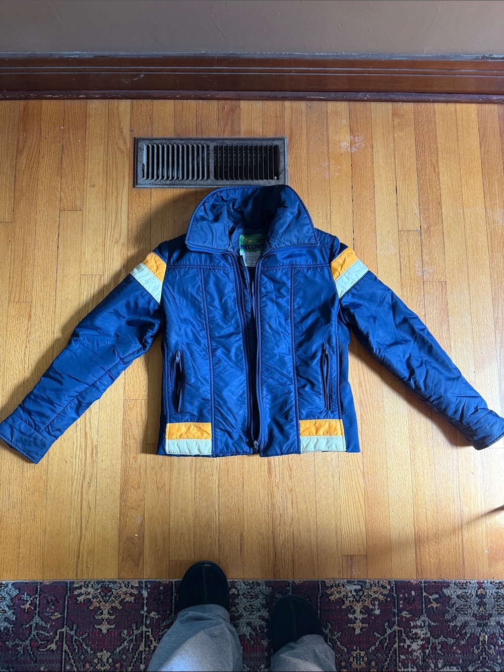 Signature by Robbie Bee Navy Blue Puffer Jacket with Yellow Accents